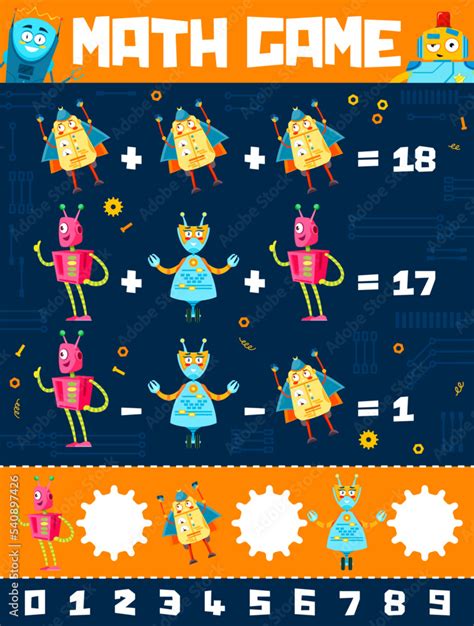 Cartoon robots and droids math game worksheet. Educational vector maze ...