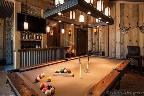 Rustic Game Room with Kichler Portman 1 Light Foyer Pendant, Carpet, Hardwood floors, High ...