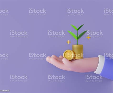 Cartoon Business Man Hand Hold Stack Coin With Growth Plant On Purple ...