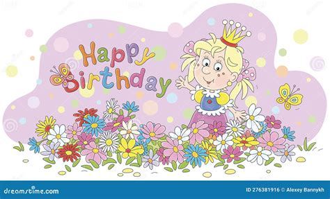 Birthday Card with a Happy Princess among Flowers Stock Vector ...