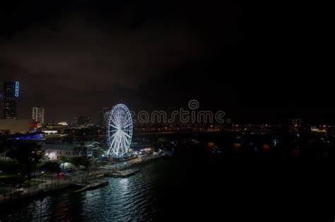 Night Aerial Panorama Miami Skyviews Ferris Wheel at Bayside Marketplace Reflection in Water ...