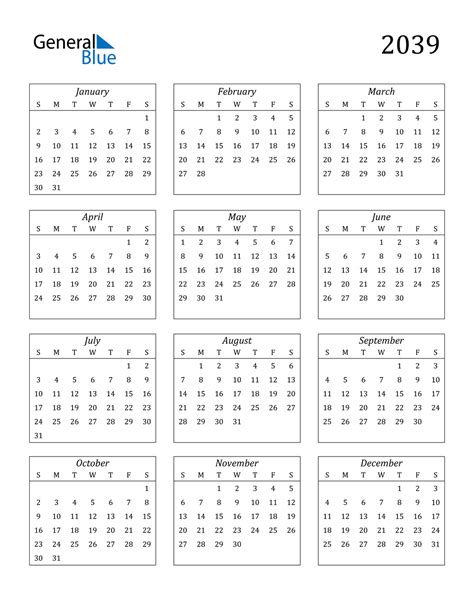 2039 Calendar (PDF, Word, Excel)