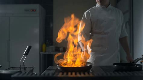 Chef Prepares Flambe On Hot Pan In Slow Stock Footage SBV-333917669 ...