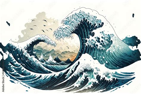 Waves In Japanese Style. Sea Wave, Ocean Wave Splash, Storm Wave. 2D ...