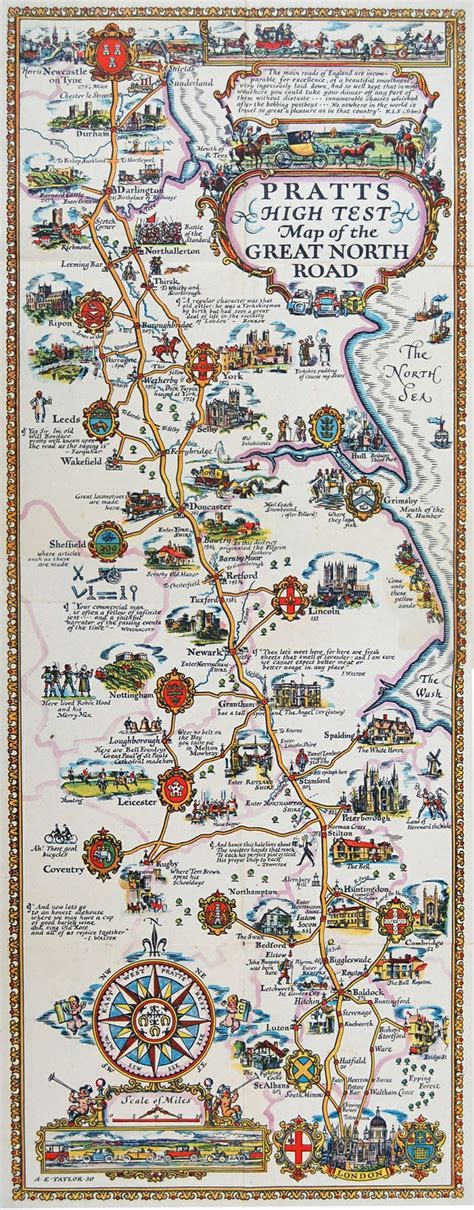 The Great North Road Map by A.E. Taylor, ca. 1930 | Illustrated map, Vintage maps, Map art