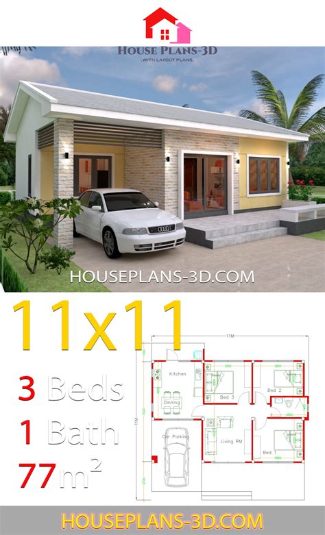 Simple House Design Plans 11x11 with 3 Bedrooms - House Plans 3D