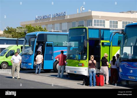 Coaches for arrivals and departures at Larnaca Airport on the Mediterranean island of Cyprus EU ...