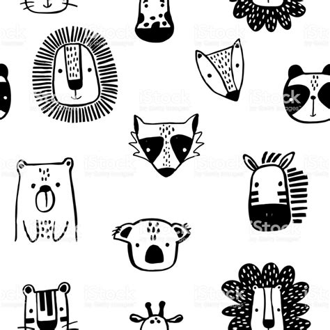 Seamless childish pattern with cute ink drawn animals in black and ...