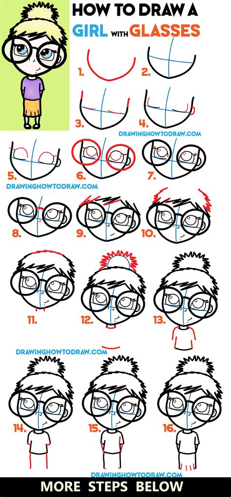 How to Draw a Cute Girl with Glasses Illustration – Easy Steps Drawing ...