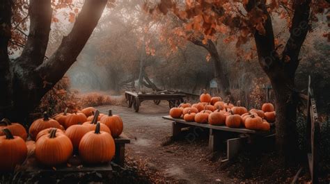 Pumpkins Sit On Benches In A Foggy Area Background, Aesthetic Fall And ...