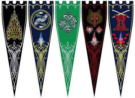 Five pennants; often emblazoned with national animals ...