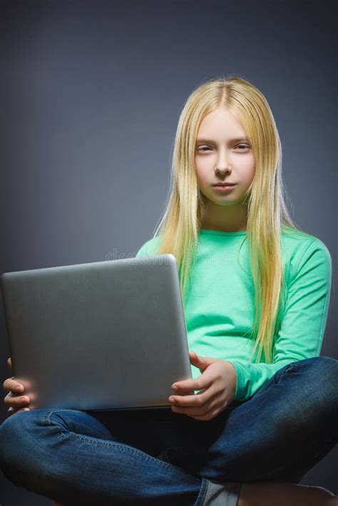 Closeup Thoughtful or Contemptuous Girl Using Laptop Isolated Grey Background Stock Image ...