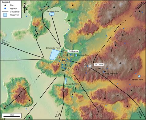 Digital elevation map of El Mirador with causeways and reservoirs ...