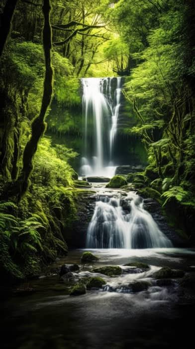 A waterfall in a lush forest, long exposure photography, capturing the motion of water as silky ...