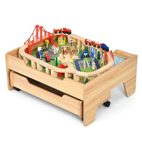 Gymax Wooden Kids Train Track Railway Set Table w/100 Pieces Storage Drawer - Walmart.com