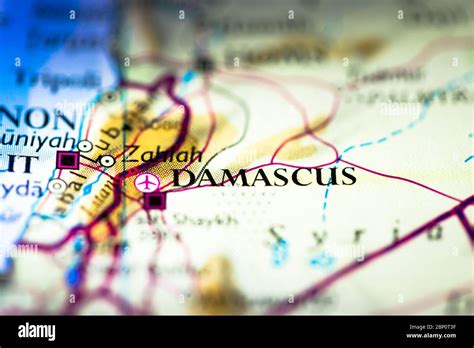 Shallow depth of field focus on geographical map location of Damascus ...