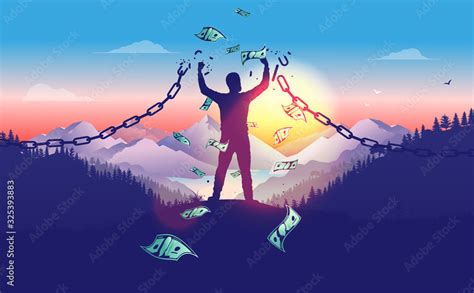 Break the chains to accomplish financial freedom. Man breaking free in sunrise with money ...