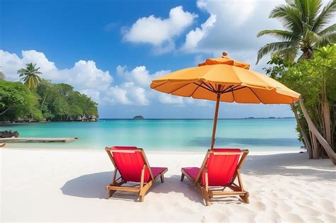 Premium AI Image | Beautiful beach chairs with umbrella on tropical ...