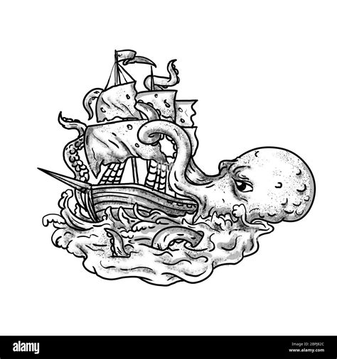 Pirate Ship And Kraken Drawing