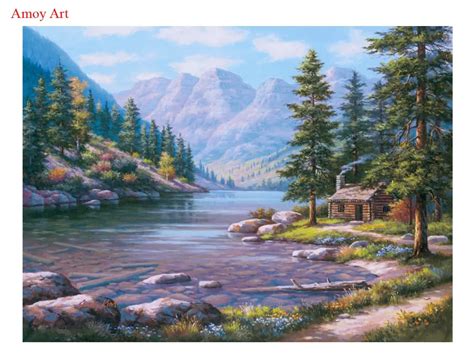 Framed DIY Mountain lake Landscape picture on wall acrylic painting by ...