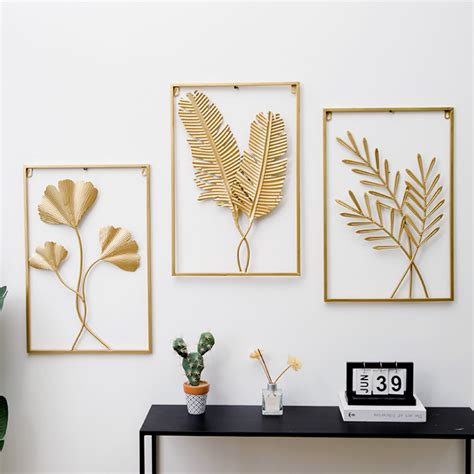 【Local Shipment】Metal Wall Decor with Square Frame, Leaf Art Gold ...