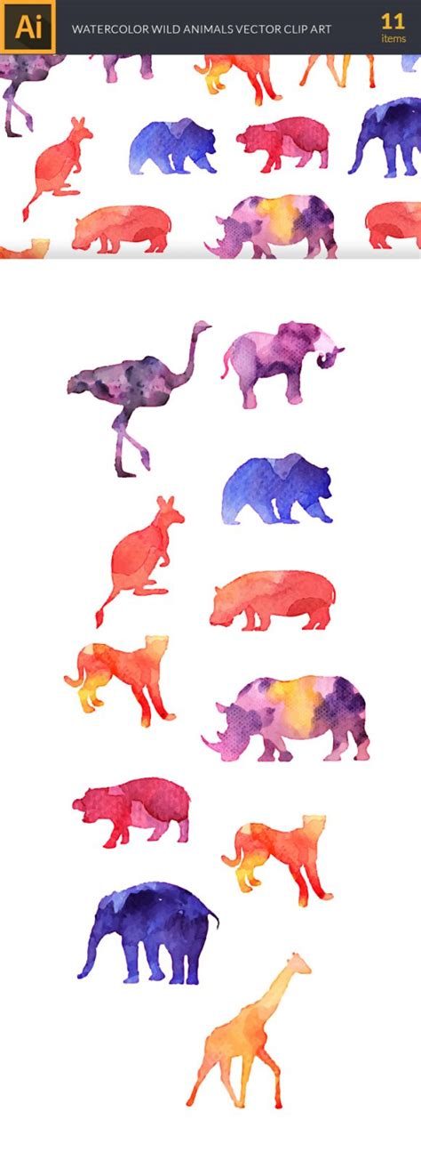 Watercolor Wild Animals Vector Set - Designious