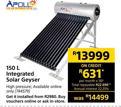 Apoll 150l integrated solar geyser offer at Builders Warehouse