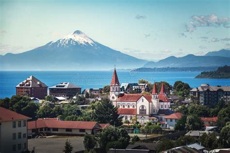 Aerial View of Puerto Varas with Sacred Heart Church and Osorno Volcano ...