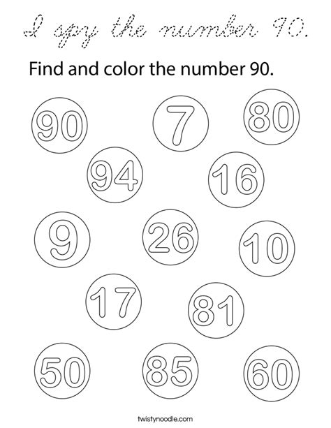 I spy the number 90 Coloring Page - Cursive - Twisty Noodle