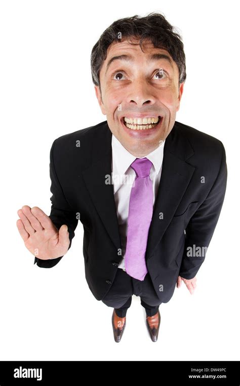 Funny businessman saying hello with hand gesture Stock Photo - Alamy