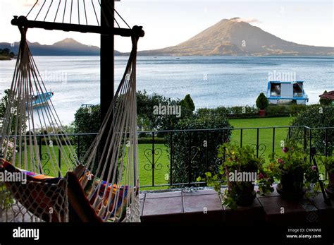 Toliman volcano and Lago de Atitlan, Lake Atitlan, from Hotel Atitlan, room balcony, San Juan la ...