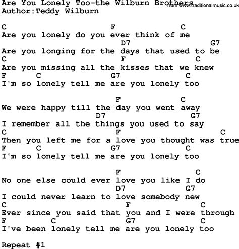 Country Music:Are You Lonely Too-The Wilburn Brothers Lyrics and Chords