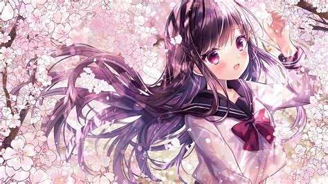 Long Hair, Spring, Cute Anime Girl, Sakura Blossom, School Uniform ...