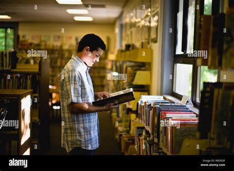 Teenage boy reading a book in a library Stock Photo - Alamy