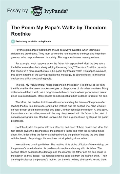 The Poem "My Papa's Waltz" by Theodore Roethke - 1105 Words | Essay Example