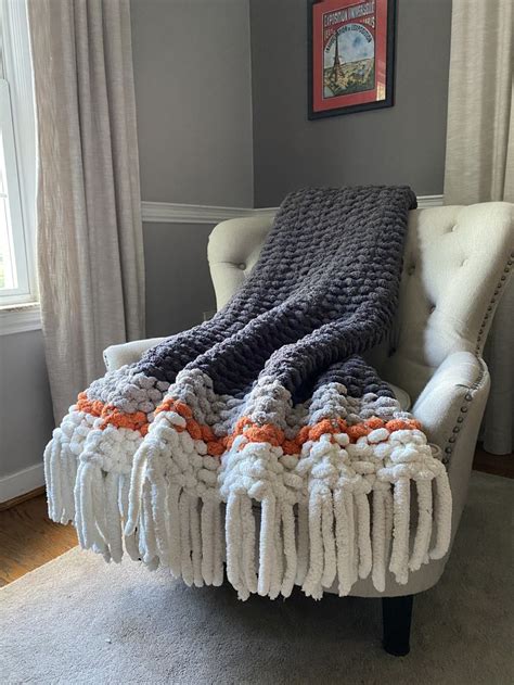 Chunky Fringe Blanket - Orange and Gray Throw | Chunky yarn blanket, Hand knit blanket, Chunky ...