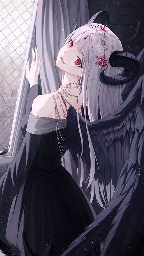 Download wallpaper 1350x2400 demon, girl, horns, wings, anime iphone 8 ...