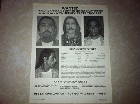 PRESIDENT OF PAGANS MOTORCYCLE GANG, GLEN J. TURNER FBI WANTED POSTER *PLS OFFER | #1811828086