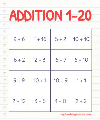 ADDITION 1-20 BINGO