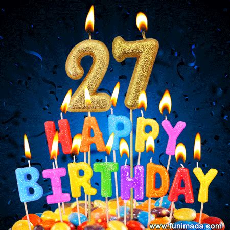 Best Happy 27th Birthday Cake with Colorful Candles GIF | Funimada.com