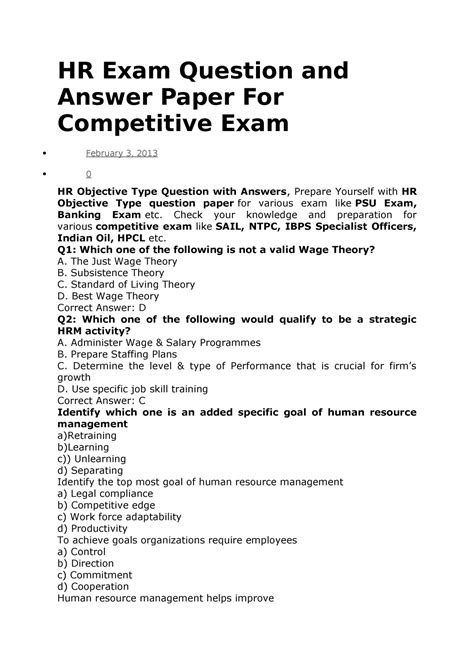 HR Exam Question and Answer Paper For Competitive Exam - HR Exam ...