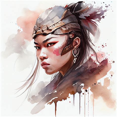 Watercolor Asian Warrior Woman #1, Digitale Kunst door Chromatic Fusion ...