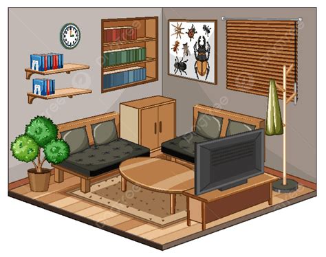 Living Room Interior With Furniture Vintage Wall Cartoon Vector ...