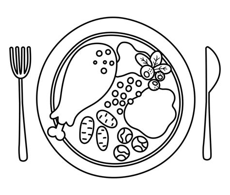 Vector black and white plate with traditional Thanksgiving meal, fork ...