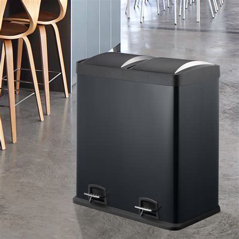 Mari Home - Black 60 Litre Steel 2 in 1 Foot Pedal Recycle Bin Dustbin 2 x 30L Recycling Inner ...