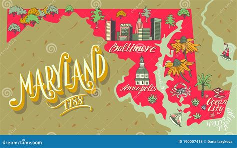 Illustrated Map of Maryland State, USA. Stock Vector - Illustration of ...