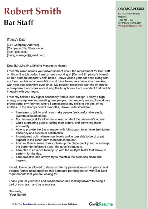 Bar Staff Cover Letter Examples - QwikResume