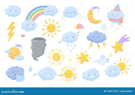 Cute Weather. Cartoon Weather Characters with Happy Faces. Clouds, Lightning, Rainbow, Sun, Moon ...