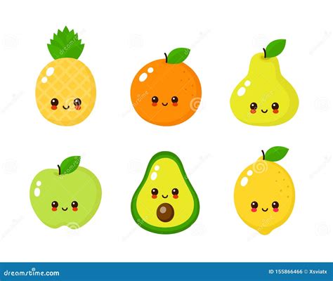 Happy Cute Smiling Fruit Face Set Stock Vector - Illustration of funny, green: 155866466