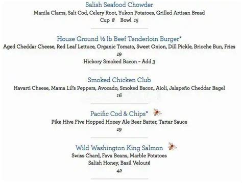 Menu at Salish Lodge Dining Room restaurant, Snoqualmie